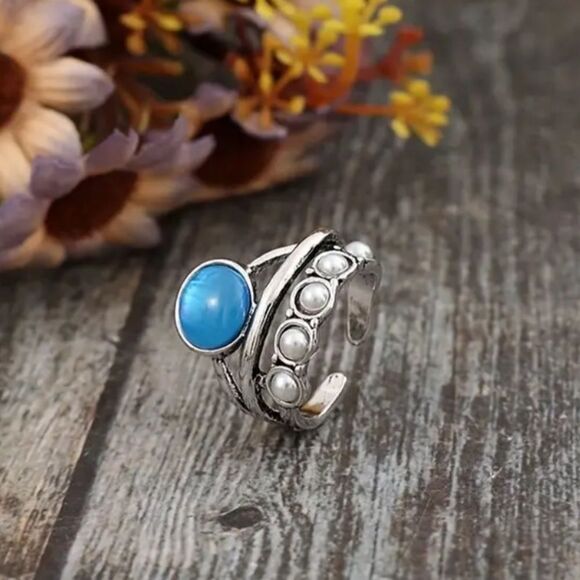 ✨🆕✨ BoHo Vintage Stacked Blue Gem Decor Silver Ring ✨ - Picture 1 of 12